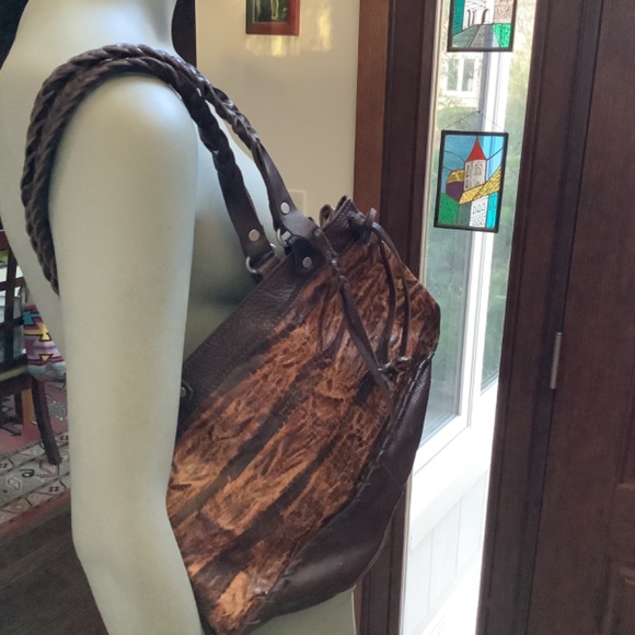 Vin Baker Reptile Embossed Leather Bag Cowgirl Leather Tassels Braided Handles - Picture 7 of 9